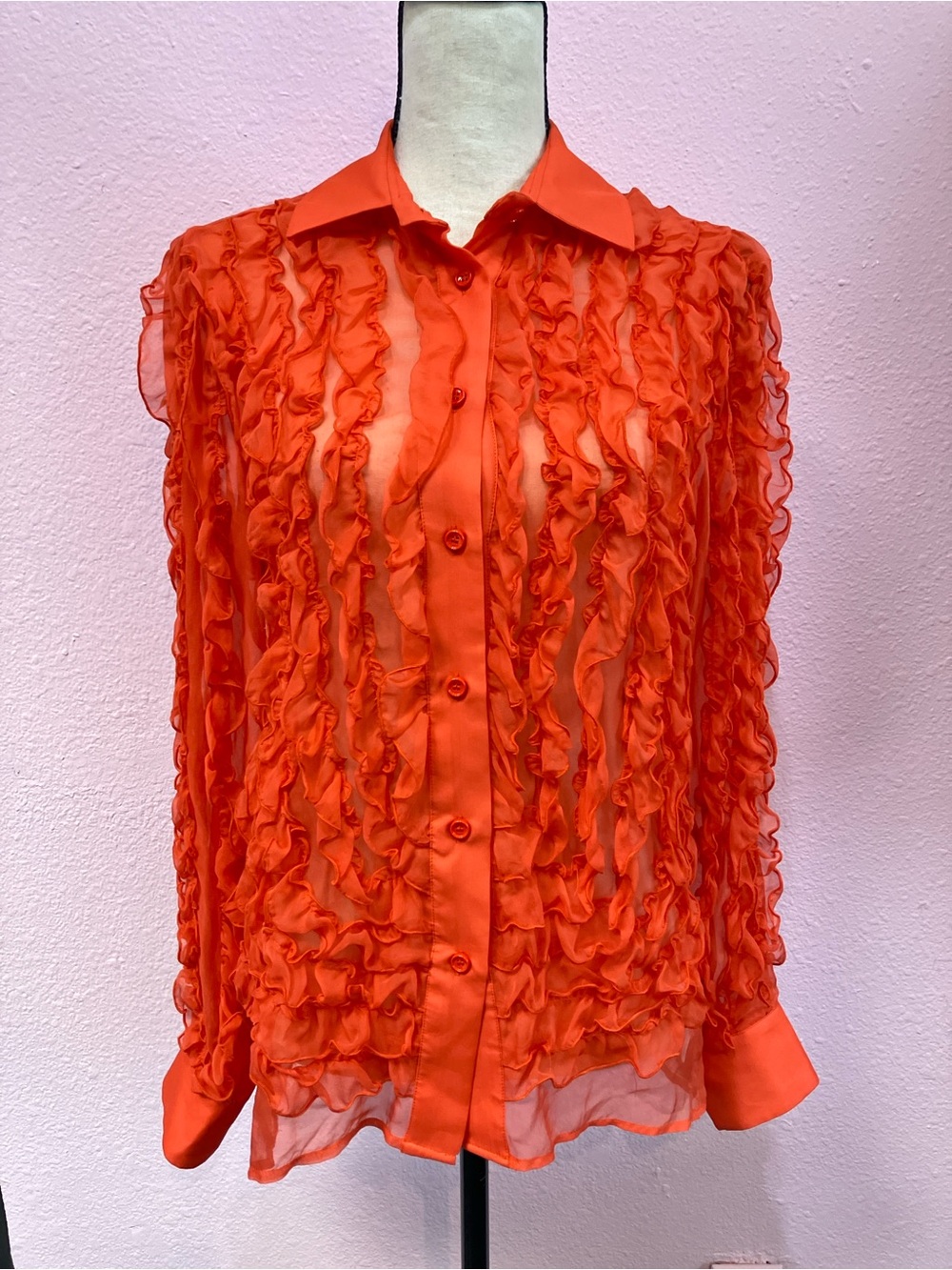 Au Jour Le Jour SilkSheer Ruffle Button-Down Bright Red-Orange Blouse Size EU 42